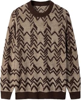 ZHILI Men's Retro Argyle Sweater Long Sleeve Loose Crewneck Pullover Sweater_Brown_Large