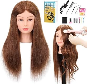 22-24’’ Mannequin Head with Human Hair, Cosmetology Mannequin Head 100% Real Human Hair, Manikin Head with Stand for Hairdressers Practice Braiding Styling Cutting Dying Styles