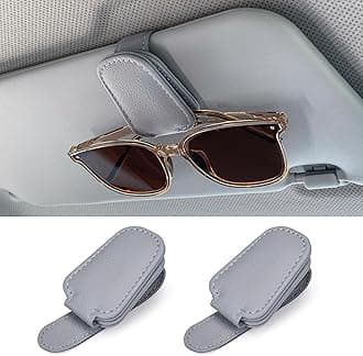 Sunglasses Holders for Car Sun Visor, 2pack Magnetic Leather Glasses Eyeglass Hanger Clip for Car, Ticket Business Card Clip Eyeglasses Mount Car Visor Accessories (Grey)