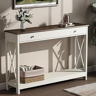 Treocho 47" Farmhouse Console Table with Drawer and Storage Shelves, Foyer Sofa Table Narrow for Entryway, Living Room, Hallway, Antique White & Brown
