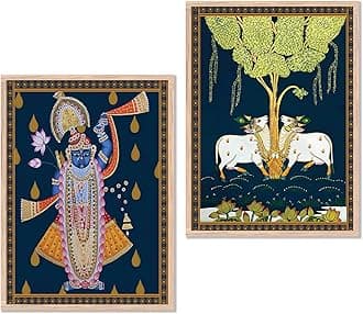 kotartMadhubani Art Framed Painting for Home, Living Room, Hall | Shrinath Ji Pichwai Art Traditional Paitnings with Frame for Home Decor (Set of 2)