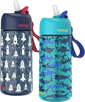 Bentgo® Kids Water Bottle 2-Pack - New, Improved 2023 Leak-Proof BPA-Free 15 oz Cups for Toddlers & Children - Flip-Up Safe-Sip Straw for School, Sports, Daycare, Camp (Rocket/Shark)