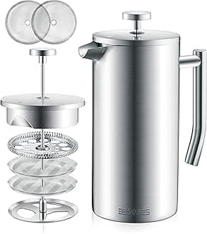 Belwares French Press Coffee Maker - Double Wall 304 Stainless Steel - 4 Level Filtration System with 2 Extra Filters, 34oz (1L)
