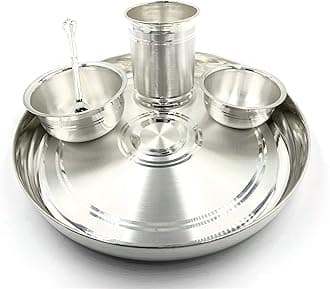 999 Pure Silver 8.0 Inch Hallmarked Lightweight Indian Thali Anna Prasanam Small Dinner Set - Set#04