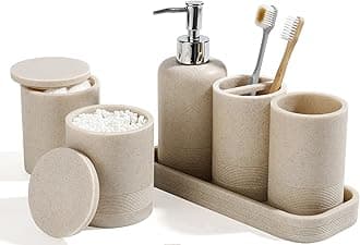 Bathroom Accessories Set, 6-Piece Bathroom Accessory Set, Toothbrush Holders Set, Soap Dispenser, Vanity Tray, Tumbler, Cotton Swab Jars, Bathroom Organizer for Modern Bathrooms(Beige)