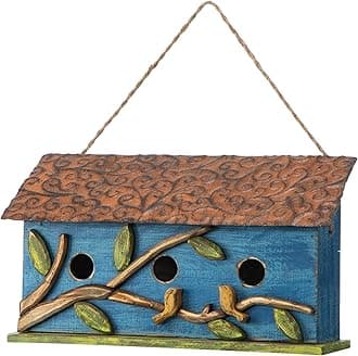 Glitzhome 15.7" L Hanging Birdhouse for Outdoor Patio Garden Decorative Pet Cottage Distressed Wooden Birdhouse with 3D Tree and Bird