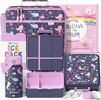 Fimibuke Bento Lunch Box for Kids with Insulated Bag, Toddler Water Bottle & Ice Pack - Leak Proof Bento Box with 4 Compartments Double Wall Vacuum Metal Bottle for Ages 3-12 Girls Boys for School
