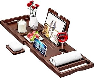 Premium Bamboo Bath Tray Caddy – Extendable Bath Caddy Tray, Wine Glass Holder, Device (Tablet, Kindle, iPad, Smart Phone) Tray for a Home-Spa Experience – Fits Most Bath Sizes