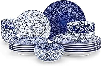 SELENE Plates and Bowls Set for 6, 18 Pieces Dinnerware Sets, Mircowave and Dishwasher Safe Dishes Set, Porcelain Blue Dinnerware