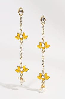 Gold Plated Lotus Shape Yellow Kundan Drop Earrings for Women