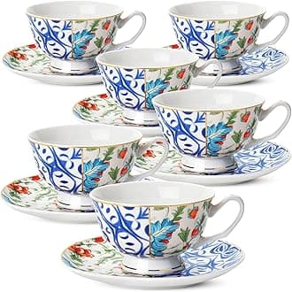 BTaT- Vintage Tea Cups and Saucers Set of 6 (8 oz), Porcelain Tea Cup Sets, Indigo Bloom Floral Design, Dishwasher Safe