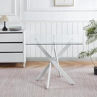 Small Square Glass Dining Table with Tempered Glass Top Metal Legs, 35.43" Modern Kitchen Table Dining Room Table for Dining Room Kitchen Living Room (White-Square 35.43"x29.6")