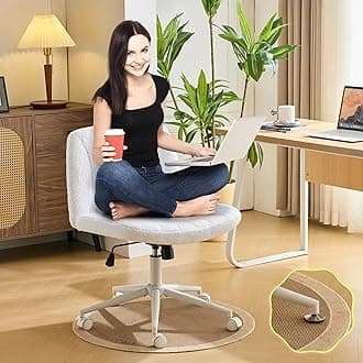 VINGLI Criss Cross Legged Chair,Wide Comfy Office Desk Chair,Dual-Use with/no Wheels Computer Task Chair,Swivel Armless Vanity Boucle Chair for Study,Make Up,Home Office,Teddy Fleece,White