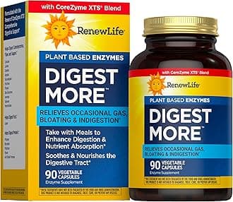 Renew Life DigestMore Digestive Enzymes | 90 Vegetable Capsules | Plant Based Enzymes | Relieves Occasional Gas, Bloating & Indigestion | Dairy, Soy, and Gluten-Free Supplement