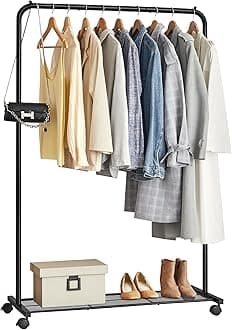 Clothes Rack on Wheels, Single-Rail Metal Garment Rack, with Storage Shelf, Top Rail Holds up to 40 kg, Black HSR25BK