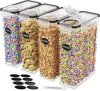 DWËLLZA KITCHEN Cereal Containers Storage 4 Pack 135 fl. oz Cereal Dispenser Airtight Food Storage Containers Pantry Organization and Storage, Canister for Rice Flour & Sugar 1 Marker 8 Labels