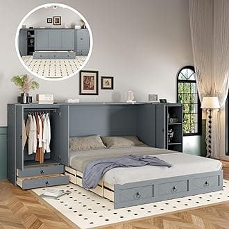 Versatile Queen Size Murphy Bed with Little Wardrobes and Drawers, Solid Wood Cube Cabinet Bed Convertible Bed with USB Ports for Bedrooms Guest Room Office (Gray-9.12)