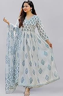 MEERA FAB Women's Cotton Printed White Anarkali Kurta with Palazzo & Dupatta Set