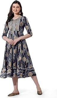 MIRCHI FASHION Women's Cotton Relaxed Fit A Line Sequins Embroidery Work Foil Printed A-Line Kurti Only