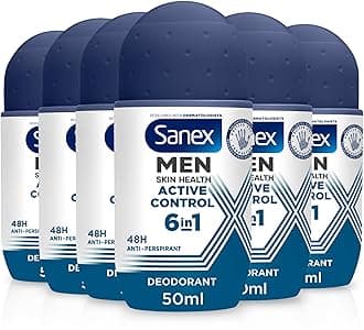 Sanex Men Active Control Antiperspirant Roll-On Deodorant 6 x 50ml, 48 hour sweat protection, anti-odour, long-lasting dryness, freshness, gentle on skin, antibacterial, 0% alcohol*