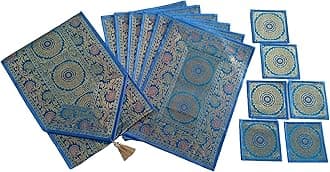 Dining Table Placemats Set of 13 Pieces, Ethnic Brocade Silk with Golden Woven Work- (1 Table Runner, 6 Mats, 6 Coasters) (Turquoise Blue)