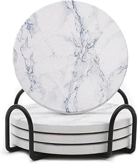 Absorbent Coaster Sets of 4, Drink Coasters with Holder, White Marble Style Ceramic Drink Coaster for Tabletop Protection, Suitable for Kinds of Cups and Wooden Table, Cool Home Decor, 4 Inches