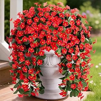 HyeFlora Artificial Fake Hanging Plants Flowers for Outdoor Outside Winter Christmas Decoration, 2 PCS Faux Silk Daisy Mums Red Orchid Vines UV Resistant Realistic for Home Indoor Porch Patio Balcony