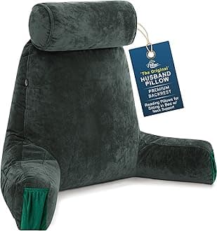 Medium Reading Pillow with Arms - 23" Backrest for Sitting Up in Bed - Firm Support Bed Rest Pillow for Adults, Neck Roll, Removable Cover - TV, Reading, Lounging - Dark Green