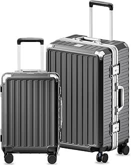 Luggage Sets with Spinner Wheels, 8010S Aluminum Frame Zipperless Polycarbonate Hard Shell Suitcase Sets (ZX-Core, Charcoal Metallic, 2 Piece (20/28))