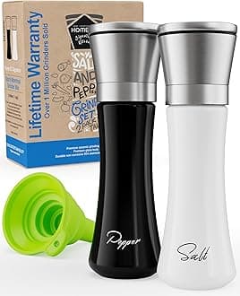 HOME EC Stainless Steel Salt and Pepper Grinder Set of 2 - Adjustable Ceramic Sea Salt Grinder & Pepper Grinder - Glass Salt and Pepper Shakers - Pepper Mill & Salt Mill W/Funnel - Black and White