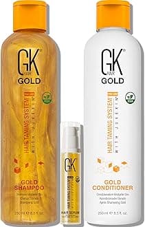 GK HAIRGlobal Keratin Gold Shampoo And Conditioner 250ml With Free Argan Oil Serum 10ml For Hair Moisturizing Shine And Protection With Argan Oil, Shea Butter, Natural Oils