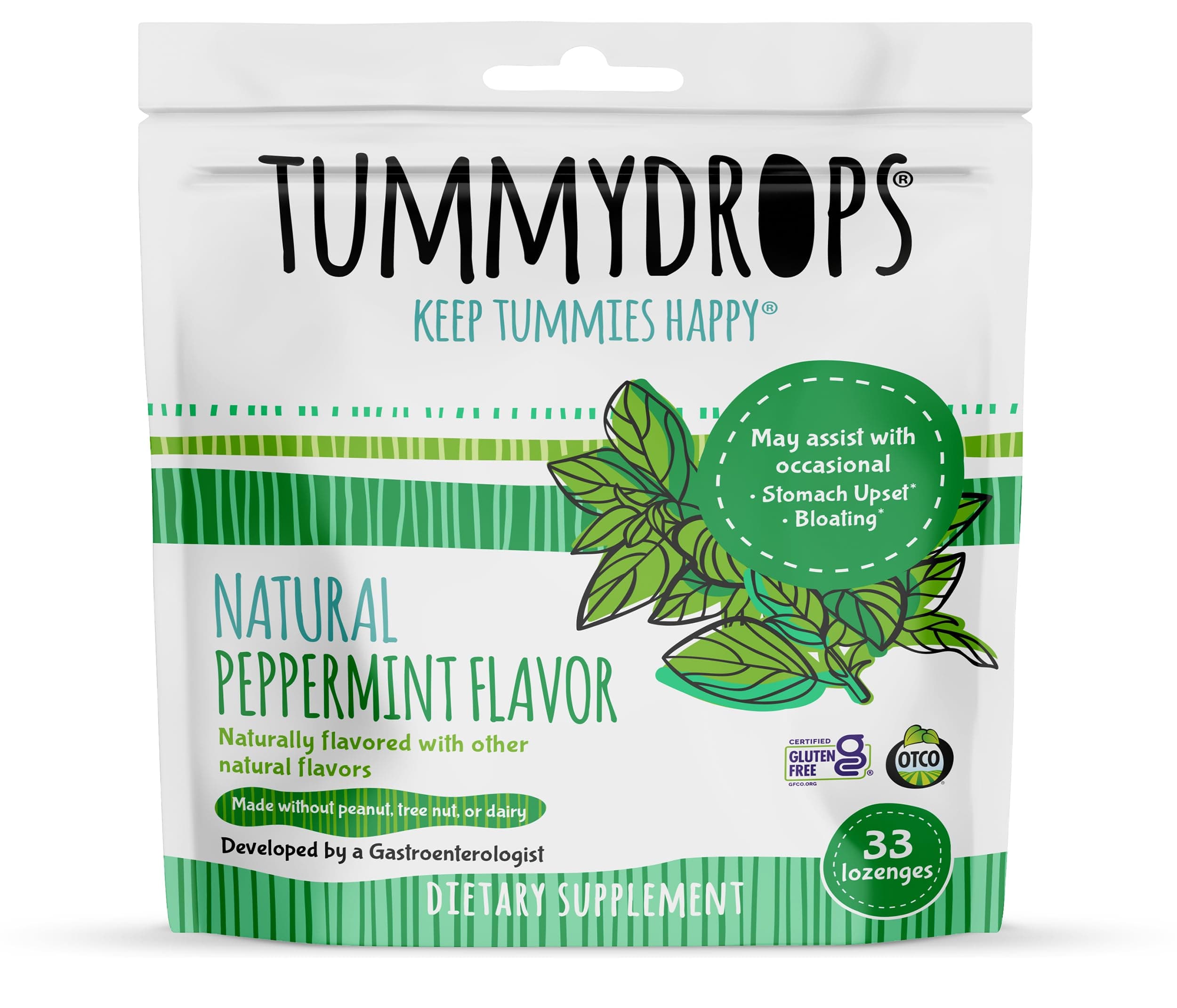 Tummydrops, Natural Peppermint, Gluten Free & Vegan, 33 Individually Wrapped Pure Peppermint Oil Lozenges Made with Organic Ingredients