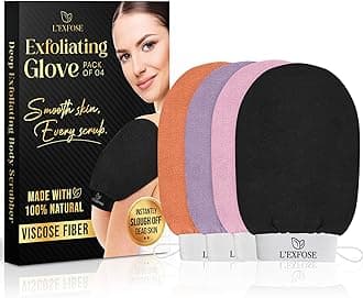 L'Exfose Moroccan Kessa Exfoliating Glove 4pc - Korean Exfoliating Mitt for Body Ideal for Dead Skin Remover, Keratosis Pilaris & Self-Tanning to Improve Skin Tone Made with 100% Natural Viscose