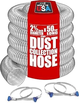 PVC Dust Collection Hose w/4 Thumbscrew Clamps, Puncture Resistant, Carbon Steel Wire, Clear Flexible PVC Dust Collector Hose, Proudly Made in USA (2 1/2" x 50')
