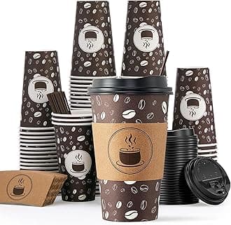 JOLLY PARTY Disposable Coffee Cups with Lids, Sleeves and Straws - 12oz(100 Pack) Paper Coffee Cups with Lids, Hot Cup for Shops, Cafes, and Concession Stands(Dark Brown)