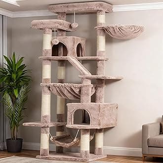Heybly Cat Tree, 71-Inch-Tall Tower for Indoor Cats with 2 Perches, 2 Big Condos, 2 Hammocks, Basket, Scratching Pad, Large Cat Furniture and Condo, Mushroom HCT034MU