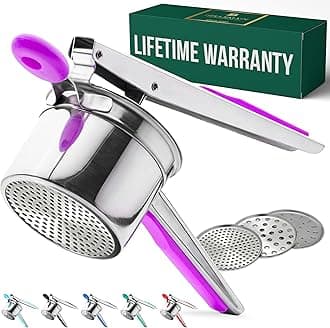 Bellemain Heavy-Duty Stainless Steel Potato Ricer & Masher | 15 oz, Perfect for Mashed Potatoes | Kitchen Tool with 3 Interchangeable Discs (Purple)