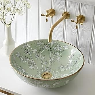 BASSINO 16x16x5 Inches Designer Ceramic Table Top Wash Basin/Green Bamboo Floral Art Bowl Sink with Golden Edge for Bathroom/Handcrafted Round Countertop Washbasin for Office/Hotel(Glossy)