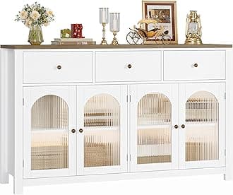finetones Buffet Cabinet with Storage, 55.1" Large Sideboard Buffet Cabinet, Farmhouse Kitchen Cabinet Display Cabinet with 3 Drawers and 4 Doors, Wood Coffee Bar Cabinet for Kitchen Dining Room
