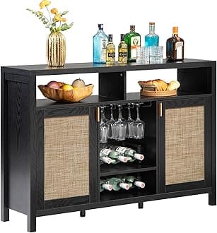 SICOTAS Rattan Coffee Bar Cabinet, 51" Sideboard Buffet Cabinet with Storage, Modern Liquor Cabinet with Wine Racks Credenza Console Buffet Table for Home Living Dining Room Entryway, Black