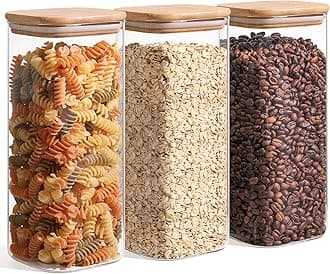 ComSaf 61 Oz Glass Storage Container with Lids, Glass Jars with Bamboo Lids, Clear Food Storage Jar, Square Glass Container, Set of 3, Pantry Organizers and Flour Storage,