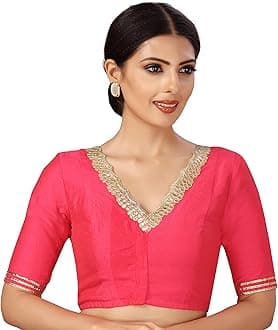 Studio Shringaar Women's Readymade Silky Saree Blouse Elbow Length Sleeves With Embroidered Neckline Choli