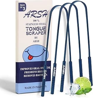 Arsh Tongue Scraper for Adults Stainless Steel Tongue Cleaner for Oral Care & Hygiene Tongue Cleaner for Men and Women Tongue Scrubber for Reduce Bad breath100% Metal Tongue Cleaners (Blue Pack of 3)