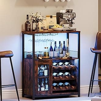 IDEALHOUSE Wine Bar Rack Cabinet with LED Light, Adjustable Shelves Coffee Bar Cabinet with Mesh Door and Baffle Design, 36″ Tall Small Liquor Bar Cabinet for Home, Kitchen, Dinning Room, Rustic Brown