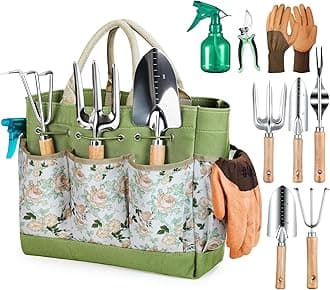 Grenebo Gardening Tools 9-Piece Heavy Duty Gardening Hand Tools with Fashion and Durable Garden Tools Organizer Handbag,Rust-Proof Garden Tool Set, Ideal Gardening Gifts for Women