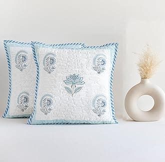 HOMEMONDE Hand Block Printed Soft Cushion Cover 1 Piece - Square 24 X 24 Inches Cotton 300 TC Throw Pillow Cover, Baby Blue