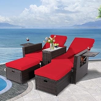5PCS Outdoor Wicker Chaise Lounge Chair - Rattan Adjustable Reclining Patio Lounge Chair with Ottoman and Coffee Table, for Patio Beach Pool Backyard (Brown Wicker Red Cushion)