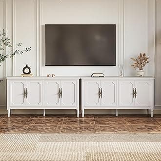 RoyalCraft Buffet Sideboard Table Set of 2, 59'' Mid Century Modern Console Table, Media Cabinet with 4 Doors, Accent Cabinet Wood Sideboard, for Entryway, Living Room, Dining Room, Satin White