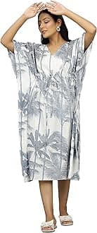 Ravaiyaa Women Printed Cotton V-Neck Knee Length Kaftan Dress Nighty
