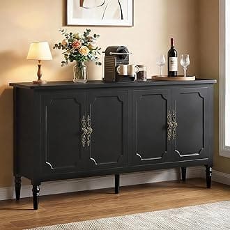 RoyalCraft 59" Buffet Cabinet with Storage, Vintage Sideboard with Adjustable Shelves & Carved Handle, Mid Century Modern Painted Credenza Coffee Bar for Kitchen, Dining Room, Satin Black